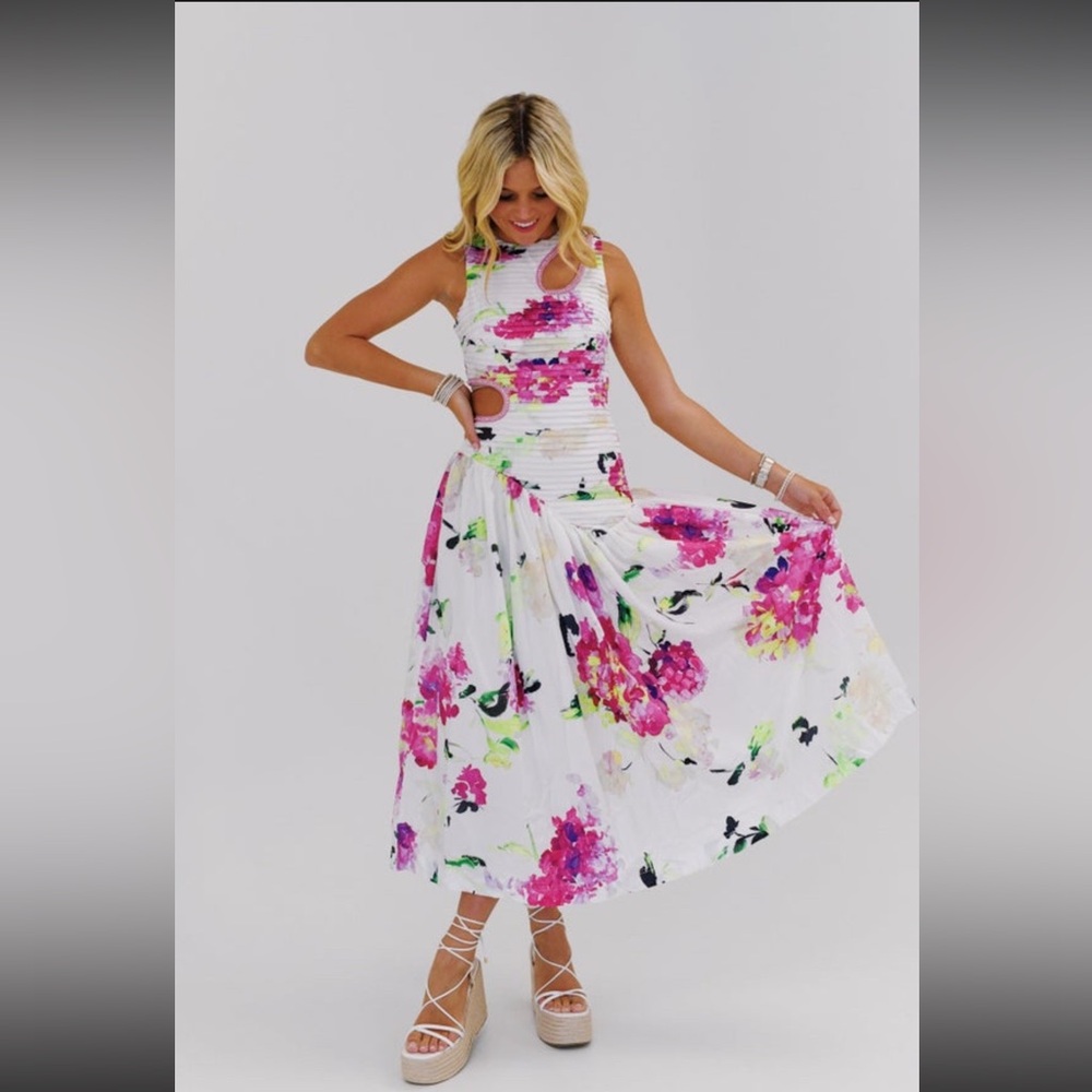 Floral Cutout Midi Dress - White with Pink Floral